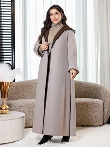 Al Najma Plus Size Women's Colorblock Casual Party Arabic Hooded Abaya - Khaki - View 3