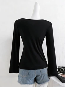 SHEIN Teen Girl Fall Ruched Bust T-Shirt With Heart-Shaped Neckline, Delicate Collarbone Accent, Holiday - Black - View 2