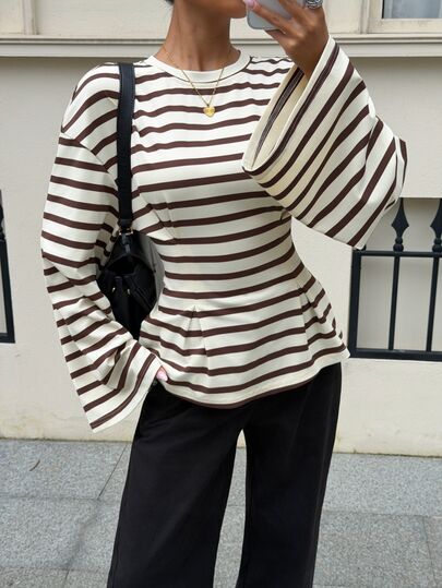 Siren Gaze Women's Autumn Casual Striped Round Neck Bell Sleeve T-Shirt