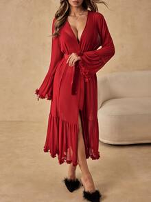 HautHeat Women's Solid Color 3D Floral Decor Elegant Robe - Burgundy - View 6