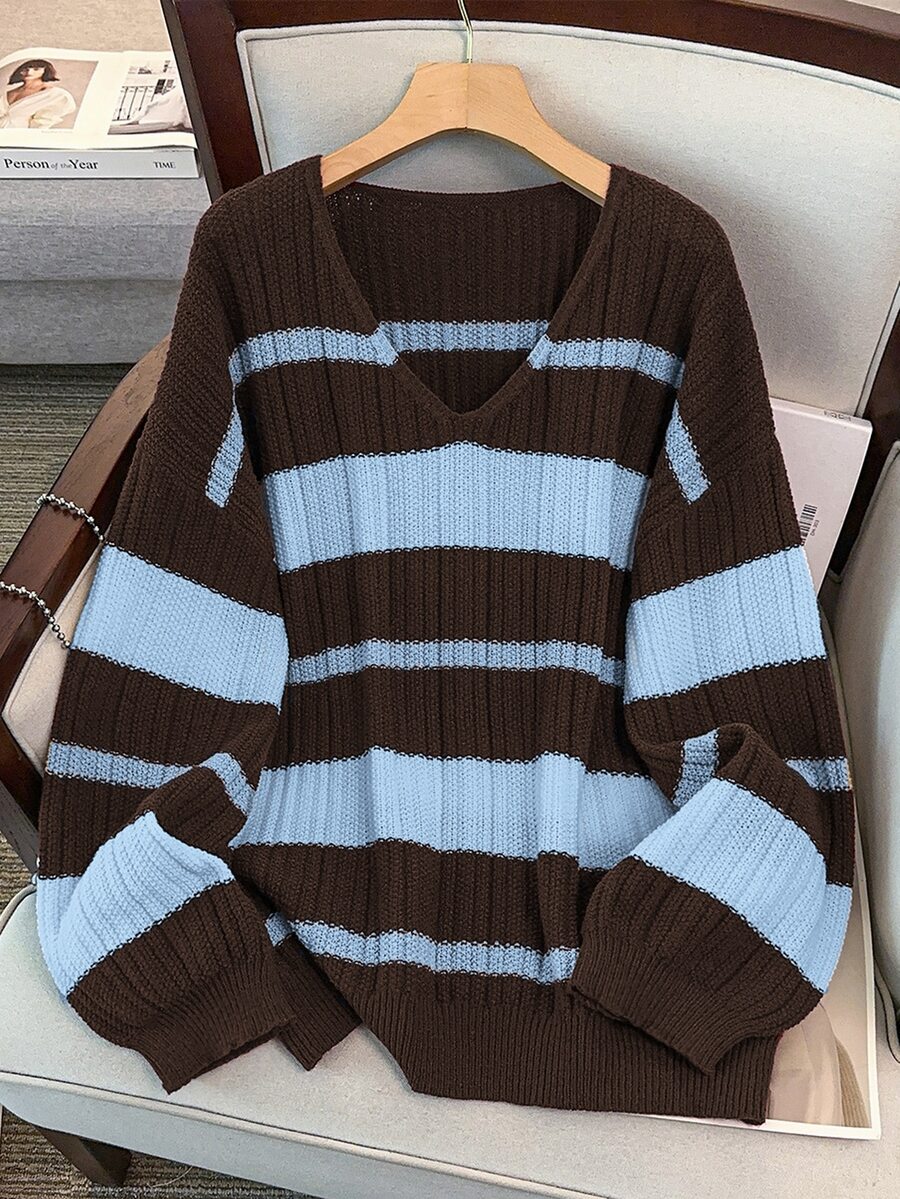GlowEve CURVE Plus Size Women's Casual 80s Versatile Color Block Striped V-Neck Drop Shoulder Long Sleeve Pullover Sweater, Autumn/Winter Homewear Vacation - Coffee Brown - View 1