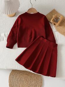 SHEIN 2件組女童幼兒圓領套頭可愛長袖3D多色蝴蝶結裝飾毛衣與百褶裙，柔軟舒適面料，時尚秋冬套裝，適合外出、聚會、聖誕節、假日派對、娛樂及各種場合 - 紅色 - 查看 2