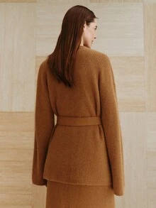 MOTF PREMIUM WOMEN'S LOOSE WOOL SWEATER CARDIGAN WITH TIE CLOSURE, CASUAL AUTUMN/WINTER OUTERWEAR - Camel - View 7