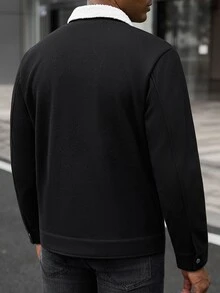 Manfinity CasualCool 男士 Ins 熱銷黑色混紡羊毛拼接白領皮革標裝飾成熟風羊毛大衣，送給爸爸、男友、丈夫的萬聖節、聖誕節、新年禮物 - 彩色 - 查看 2