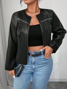 SHEIN PETITE CURVE جاكيت PU كلاسيكي متعدد الاستخدامات للنساء بمقاسات كبيرة، سلسلة صغيرة الحجم ملابس الخريف والشتاء للنساء - الأسود - مشاهدة 3