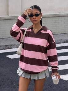 Muchica 大尺碼女款休閒寬鬆 Polo 領運動衫，條紋拼接設計，街頭風，秋季服飾；適合日常通勤、派對、夏季、聖誕節、新年、感恩節、婚禮、海灘、出遊、約會、情人節；優雅風格，適合度假，Y2K 風格 - 彩色 - 查看 4