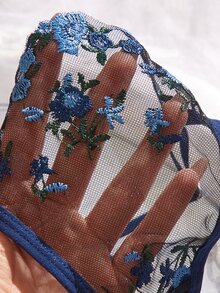 Crystal Vow 2件組 酒紅色玫瑰刺繡鋼圈內衣與內褲套裝 女款 - 藍色 - 查看 5