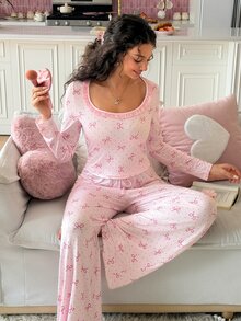 SweetSlumber Sweet Ins Bow Print Lace Patchwork Long Sleeve Women's Pajama Set - Pink - View 2