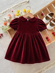 SHEIN Baby Girl Bow Decor Peter Pan Collar Fashion Party Dress - Red - View 9