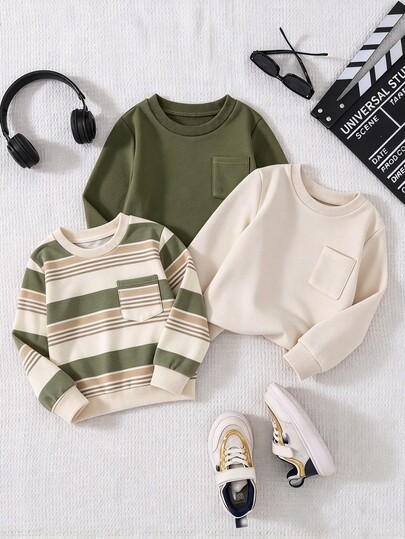 3pcs/Set Boys Sweatshirts, Autumn/Winter Best-Selling Casual Kids Sweatshirts, Striped + Solid Color Multi-Style Combination, Essential For School Outfits, Suitable For Daily School, Outdoor Trips, Versatile And Timeless, Get 3 Pieces At Once, Convenient For Outfit Rotation, High Value Boys Casual Wear