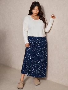 Elaquor Plus Size Solid Color Top & Ditsy Floral Dress 2 Pieces Set Elegant 2 Pieces Set For Women Fall/Winter Casual Daily Going Out 2 Pieces Set For Women - Navy Blue - View 6
