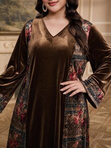 Al Najma 大尺碼女款花卉印花V領長袖阿拉伯風洋裝 - 彩色 - 查看 5