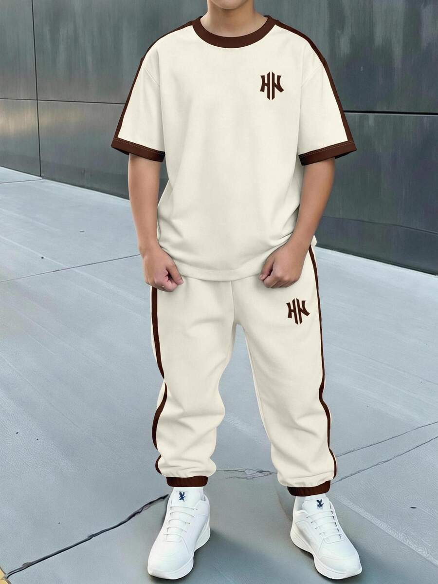 青少年男孩休閒簡約短袖圓領T恤與長褲套裝,適合夏季 - 彩色 - 查看 1