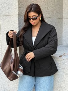 Easura Plus Size Women Solid Color Long Sleeve Waist Tie Casual Winter Jacket - Black - View 6