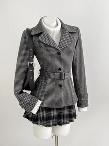 Mori Grove Mori Grove Women's New Lapel Collar Long Sleeve Cinched Waist Waist Slim Fit Houndstooth Tweed Jacket, Versatile For Daily Commute, Spring Autumn Winter, Preppy Style - Grey - View 4