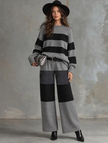 Solivie Women's Autumn/Winter Sweater 2 Pieces Set, Grey And Black Color Block Design Women Fall Winter Sweater Winter Set - Grey - View 8