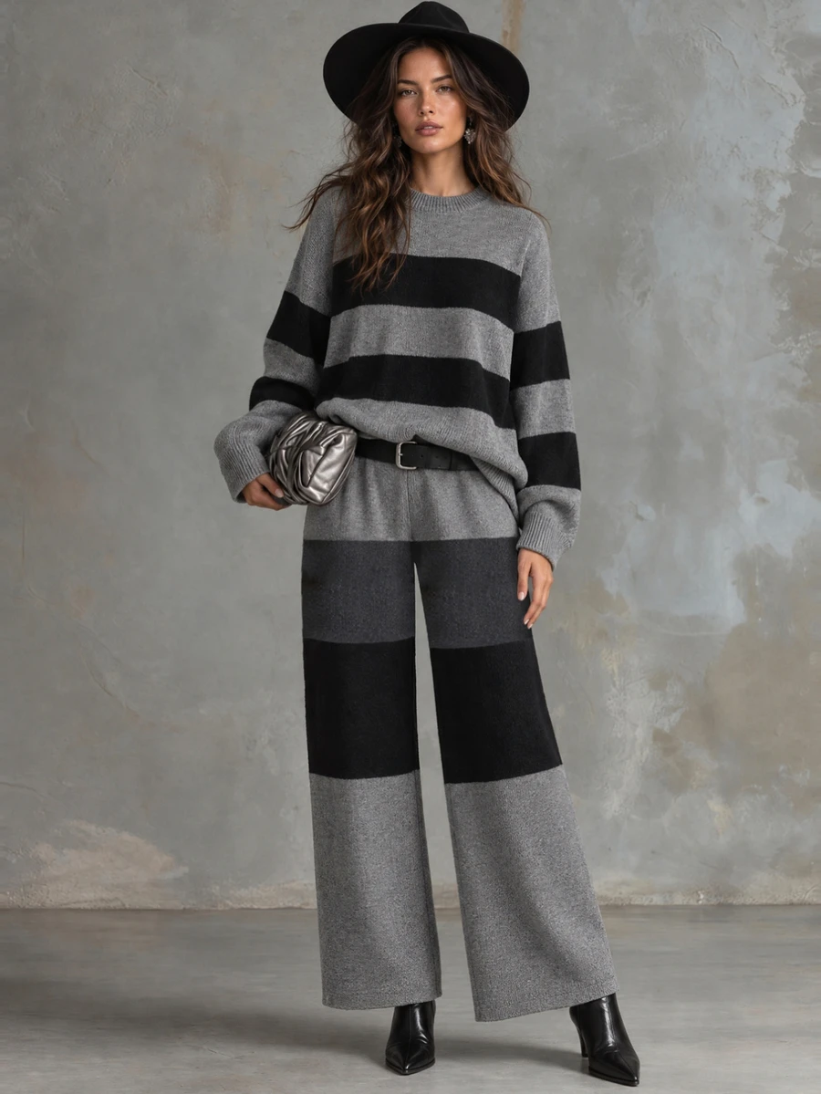Solivie Women's Autumn/Winter Sweater 2 Pieces Set, Grey And Black Color Block Design Women Fall Winter Sweater Winter Set - Grey - View 1