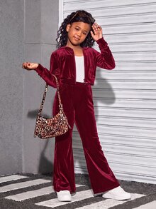 SHEIN 女童天鵝絨連帽開襟衫與長褲運動休閒套裝 - 紅色 - 查看 7