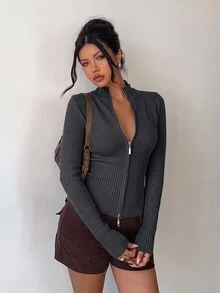 Aloruh Women's Casual Ribbed High Neck Zip-Up Long Sleeve Sweater Cardigan, Yellow, Suitable For Everyday Wear And Sports, Autumn/Winter - Dark Grey - View 1