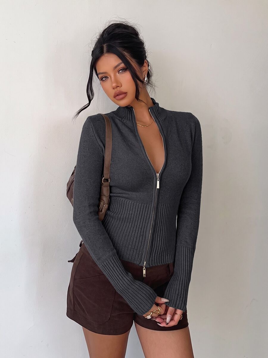 Aloruh Women's Casual Ribbed High Neck Zip-Up Long Sleeve Sweater Cardigan, Yellow, Suitable For Everyday Wear And Sports, Autumn/Winter - Dark Grey - View 1