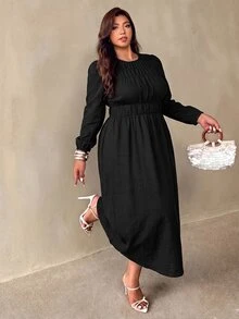 Auralis Plus Size Brown Round Neck Cinched Waist Flared Umbrella Skirt/Casual Cottage Core Dress Elastic Elegant Daily Formal Vacation Going Out Autumn Fall - Black - View 5