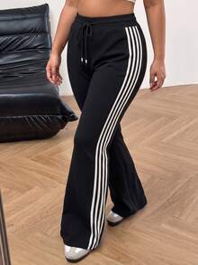 Muchica Plus Size Women's Side Stripe Drawstring Waist Casual Flare Sweatpants - Black - View 6