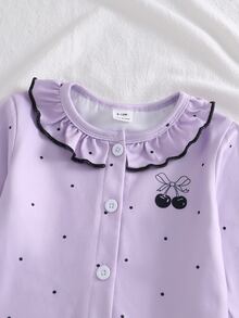 2pcs Baby Girl Comfortable Soft Purple Polka Dot Cherry Pattern Round Neck Ruffle Trim Button Front Long Sleeve Pants Flame Retardant Pajama Set - Mauve Purple - View 4