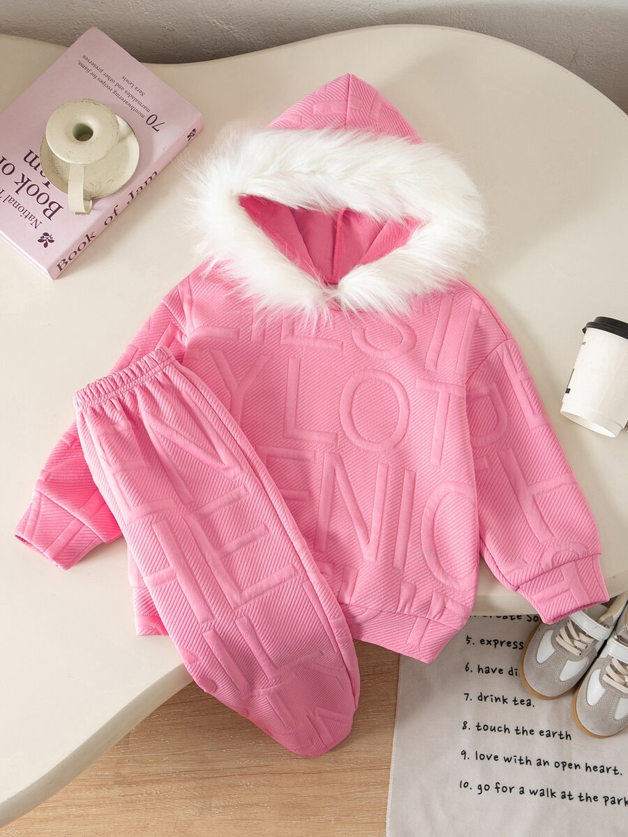 SHEIN 女童小女孩針織純色連帽人造毛飾邊寬鬆休閒衛衣與長褲兩件套 - 粉色 - 查看 1