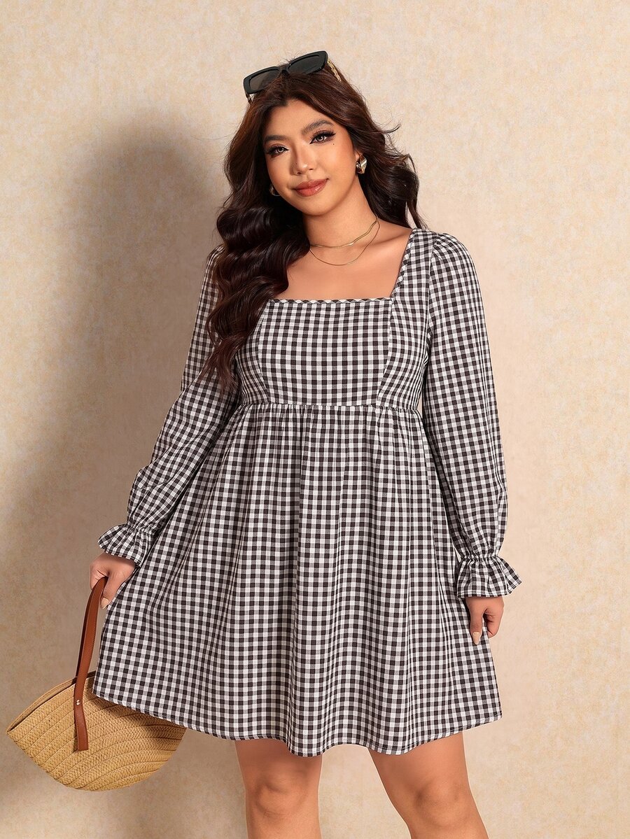 Elaquor Plus Size Women's Plaid Bow Decor Casual Vintage Fairy Matching Party Brunch Vacation Dress Black Fall/Winter Dress For Thanksgiving & Christmas Day - Brown - View 1
