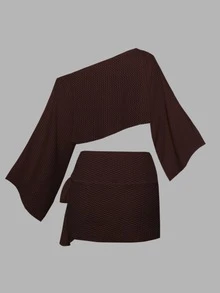 SHEIN Swim 2件組女款白色夏季波西米亞風海灘度假裝，精緻鏤空半透網紗露肩露腰罩衫與側綁帶圍裙 - 棕色 - 查看 6