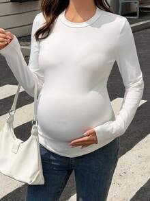 DAZY Solid Color Slim Fit Elastic Daily Versatile Korean Style Spring/Autumn Maternity T-Shirt - White - View 4