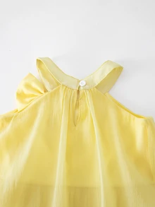 SHEIN 女童休閒仙女公主風黃色對比領收腰針織洋裝，生日禮物，夏季 7 歲生日，母女套裝 - 黃色 - 查看 5
