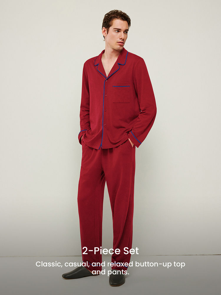 LUVLETTE  Soft 100% Pure Cotton Dark Red Basic Long Sleeve Button-Up Top & Pants Pajama Sets For Men Lounge With Pockets Pajamas Christmas & New Years - Red - View 6