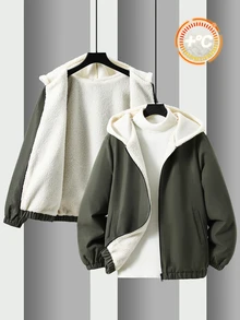 SHEIN 青少年男孩純色保暖內裡休閒日常連帽外套 - 綠色 - 查看 3