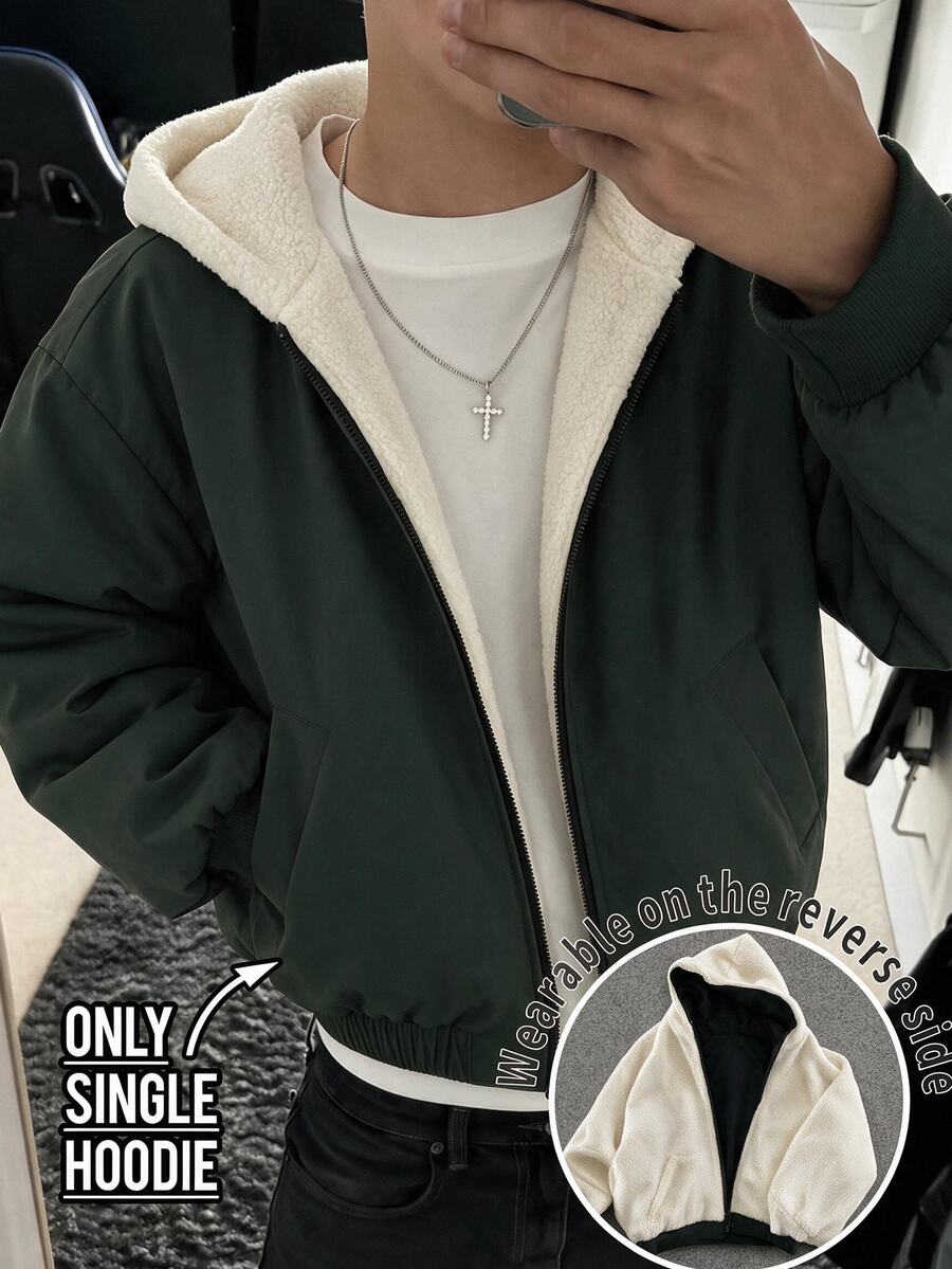 SHEIN 青少年男孩純色保暖內裡休閒日常連帽外套 - 綠色 - 查看 1