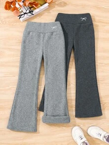 SHEIN 2件組青少年女孩休閒百搭羅紋保暖內裡修身高領蝴蝶結喇叭褲套裝，秋冬款 - 彩色 - 查看 1