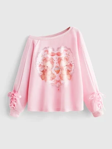 ROMWE J-Fashion Y2K Camo Print Embroidered Bowknot Strap Women's Sweatshirt - Pink - View 1