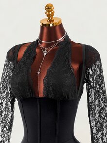 Mistrie Women's Black Sexy Lace Backless Party Long Sleeve Short Dress - Black - View 5