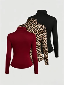 Sweetra Plus Size 3pcs T-Shirt Set, Mock Neck Printed Tops, Long Sleeve, Autumn/Winter - Multicolor - View 2