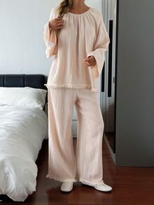 DAZY 2pcs Women's Pajama Set With Tassel Patchwork Solid Color Loose Long Sleeve Top And Long Pants - Apricot - View 5