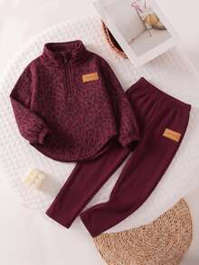 Young Girls Pink Leopard Print Half-Zip Stand Collar Sweatshirt Set With Curved Hem And Elastic Cuffs, Sweet Casual Style - Multicolor - View 3