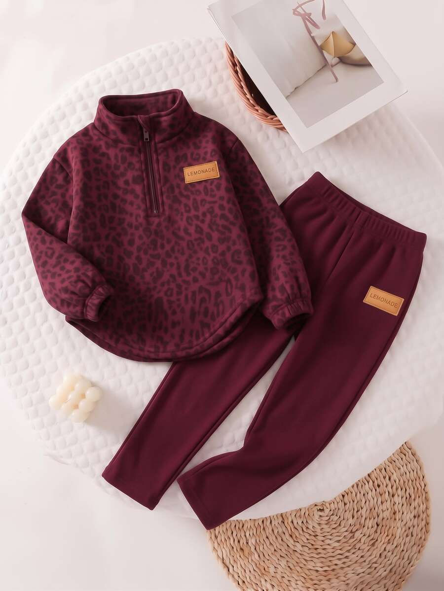 Young Girls Pink Leopard Print Half-Zip Stand Collar Sweatshirt Set With Curved Hem And Elastic Cuffs, Sweet Casual Style - Multicolor - View 1