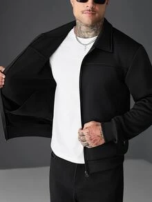 SLATEMANN Men's Solid Color Long Sleeve Jacket And Pants Casual Daily Outfit - Black - View 7