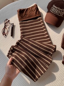 Comfortcana Large Flanged Waist With Patchwork Texture Striped Flared Pants, Suitable For Casual Wear - Brown - View 6