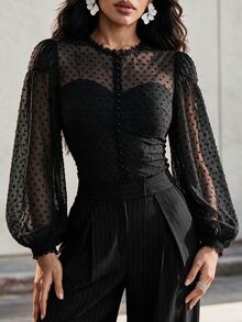 Eryvara Women's Fashion Round Neck Beaded Lace Placket Lantern Sleeve Casual Top, Suitable For Daily Commute And Date Outfits - Black - View 4