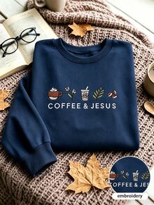 INAWLY Women's Letter Embroidered Crew Neck Long Sleeve Casual Sweatshirt - Navy Blue - View 3