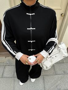 Muchica 大尺碼女款拼色長袖上衣與長褲休閒日常兩件套 - 黑與白 - 查看 7