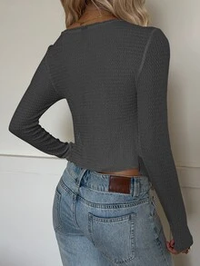 SHEIN EZwear 女款優雅通勤純色不對稱下擺T恤，秋季棕色長袖上衣 - 灰色 - 查看 2