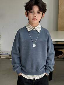 Dazy Kids Sweatshirt Pullover Leher Bulat Dasar Jahitan Kontras untuk Anak Laki-laki (Ukuran Besar), Potongan Longgar, Musim Gugur/Dingin - Navy Blue - View 3