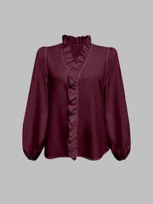 EMERY ROSE Elegant White Silky Summer Shirt For Women,Ruffled Lantern Long Sleeve Blouse,Plus Size Autumn Clothing,Everyday Work Elegant White Ruffle Blouses - Multicolor - View 4